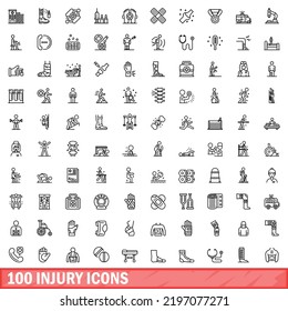 100 injury icons set. Outline illustration of 100 injury icons vector set isolated on white background