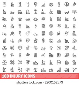 100 injury icons set. Outline illustration of 100 injury icons vector set isolated on white background