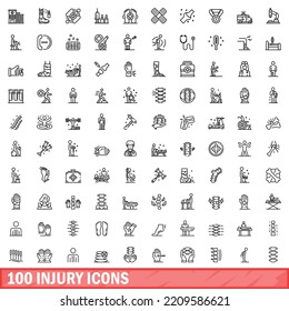 100 injury icons set. Outline illustration of 100 injury icons vector set isolated on white background