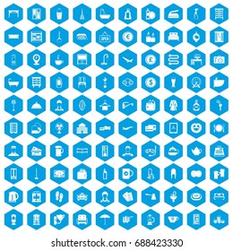 100 inn icons set in blue hexagon isolated vector illustration