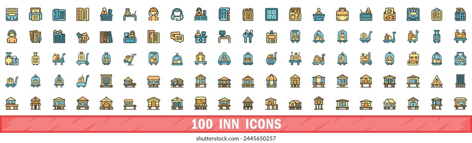 100 inn icons set. Color line set of inn vector icons thin line color flat on white