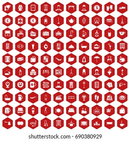 100 inn icons set in red hexagon isolated vector illustration