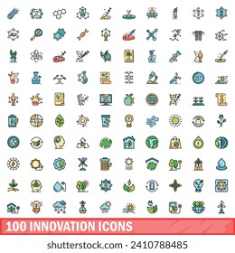 100 innovation icons set. Color line set of innovation vector icons thin line color flat on white