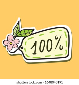 100% inscription on the label with a string tied to a flower with leaves ,. Environmental sticker, badge, emblem, label.Vector graphics .