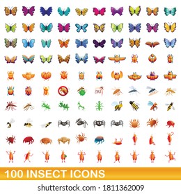 100 insect icons set. Cartoon illustration of 100 insect icons vector set isolated on white background