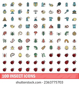 100 Insektensymbole gesetzt. Farbliniensatz von Insekten-Vektorsymbol in dünnen Linien auf Weiß