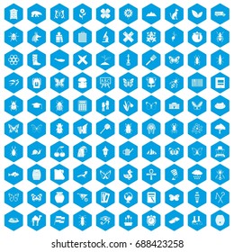 100 insects icons set in blue hexagon isolated vector illustration