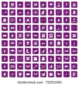100 insects icons set in grunge style purple color isolated on white background vector illustration