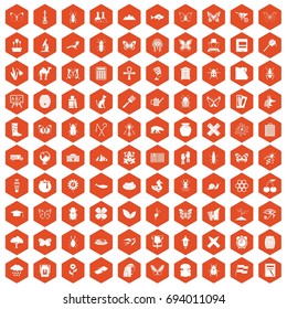 100 insects icons set in orange hexagon isolated vector illustration