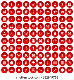 100 insects icons set in red circle isolated on white vector illustration