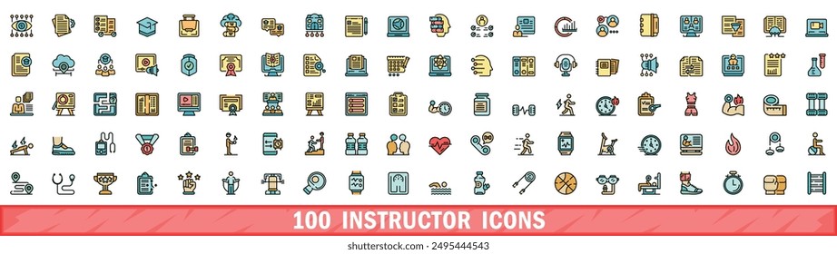 100 instructor icons set. Color line set of instructor vector icons thin line color flat on white