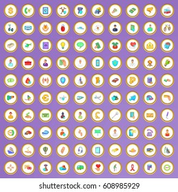 100 insurance icons set in cartoon style on purple background vector illustration