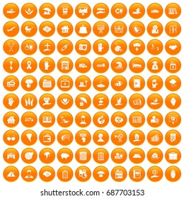 100 insurance icons set in orange circle isolated vector illustration