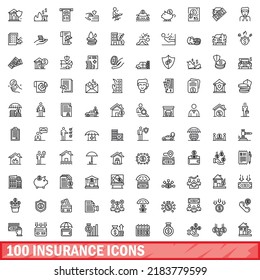 100 íconos de seguro. Ilustración esquemática de 100 iconos de seguro conjunto de vectores aislados en fondo blanco