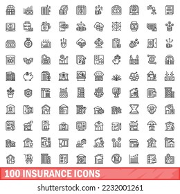 100 insurance icons set. Outline illustration of 100 insurance icons vector set isolated on white background