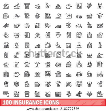 100 insurance icons set. Outline illustration of 100 insurance icons vector set isolated on white background