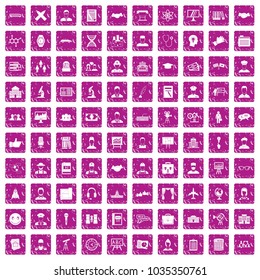 100 intelligent icons set in grunge style pink color isolated on white background vector illustration