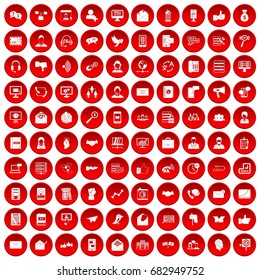 100 interaction icons set in red circle isolated on white vector illustration