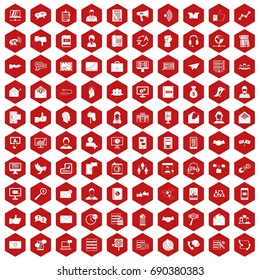 100 interaction icons set in red hexagon isolated vector illustration