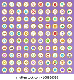 100 interface icons set in cartoon style on purple background vector illustration