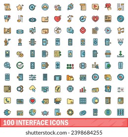 100 interface icons set. Color line set of interface vector icons thin line color flat on white
