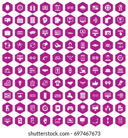 100 interface icons set in violet hexagon isolated vector illustration