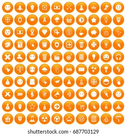 100 interface pictogram icons set in orange circle isolated vector illustration