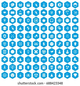100 interface pictogram icons set in blue hexagon isolated vector illustration