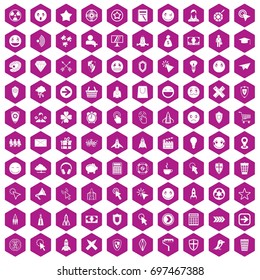 100 interface pictogram icons set in violet hexagon isolated vector illustration