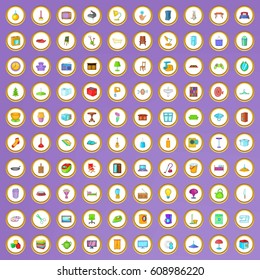 100 interior icons set in cartoon style on purple background vector illustration