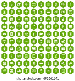 100 interior icons set in green hexagon isolated vector illustration