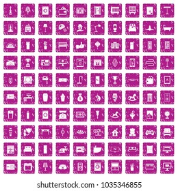 100 interior icons set in grunge style pink color isolated on white background vector illustration