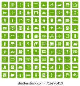 100 interior icons set in grunge style green color isolated on white background vector illustration