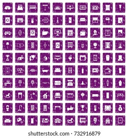 100 interior icons set in grunge style purple color isolated on white background vector illustration