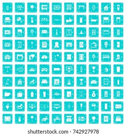 100 interior icons set in grunge style blue color isolated on white background vector illustration