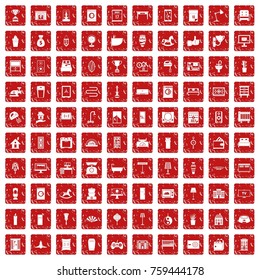 100 interior icons set in grunge style red color isolated on white background vector illustration