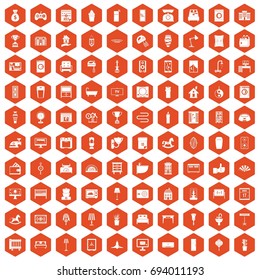 100 interior icons set in orange hexagon isolated vector illustration
