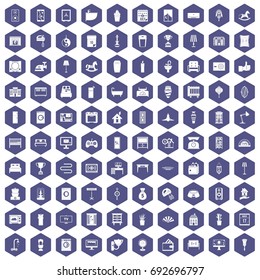 100 interior icons set in purple hexagon isolated vector illustration