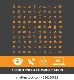 100 internet communcation isolated icons, signs, vectors, illustrations, silhouettes set, vector