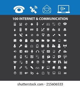 100 internet, communication, connection icons, illustrations, signs, symbols set, vector