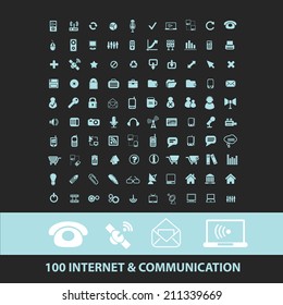 100 internet, communication, connection, phone black icons, signs, silhouettes, illustrations set. vector 