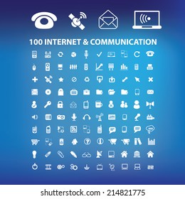 100 internet, communication, technology computer icons, signs set, vector