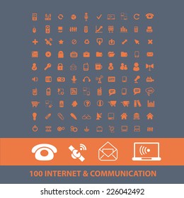 100 internet, communication, technology icons, signs, illustrations set, vector