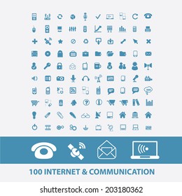 100 internet, communication, technology, phone, mail, wireless icons, signs, symbols set, vector