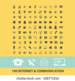 100 internet, communication, technology, web, cloud, computer black flat icons, signs, symbols set, vector