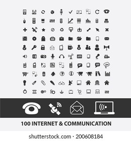 100 internet, connection, communication, network, mail, wireless, radio icons, signs set, vector