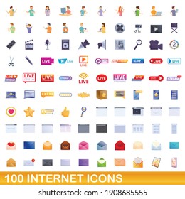 100 internet icons, set. Cartoon illustration of 100 internet icons vector set isolated on white background
