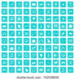 100 internet icons set in grunge style blue color isolated on white background vector illustration