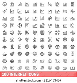 100 Internetsymbole Set. Outline-Illustration von 100 Internet-Symbolen, Vektorset einzeln auf weißem Hintergrund