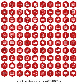 100 internet icons set in red hexagon isolated vector illustration